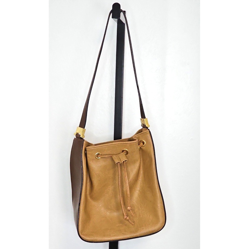 Mondani Brown Leather Bucket Drawstring Crossbody Shoulder Bag Gold Tone EUC